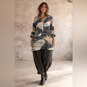 Ischiko Oska Lagenlook Abstract Print Tunic Dress Size 3 Asymmetrical Hem Baggy